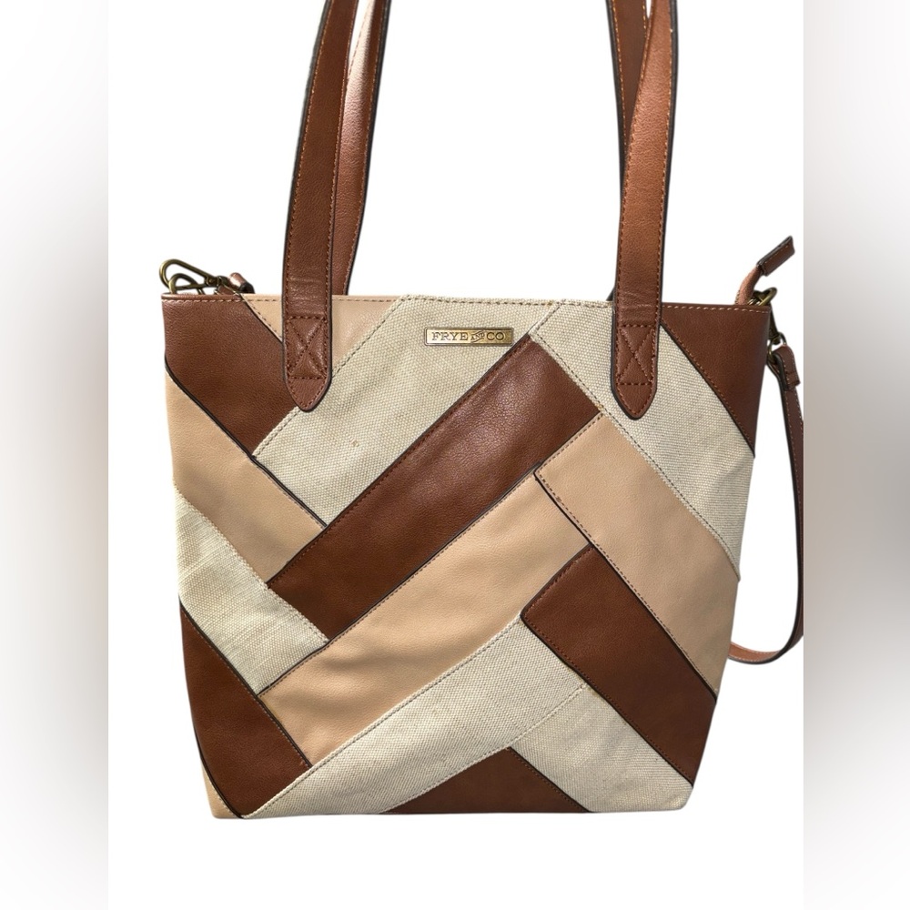 Frye And Co. Vegan Leather Jute Hand Bag Medium Size Brown/Tan/Jute Patchwork